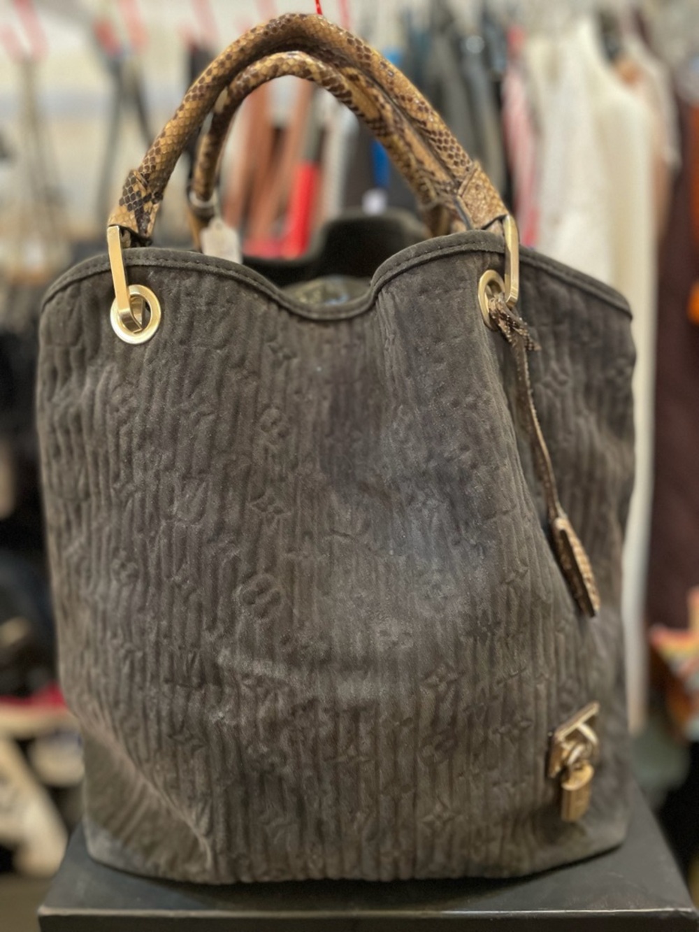Louis Vuitton Charcoal Gray Textured Tote with Snakeskin Handles
